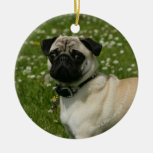 Pug Playing in Flowers Ceramic Tree Decoration