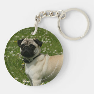 Pug Playing in Flowers Key Ring