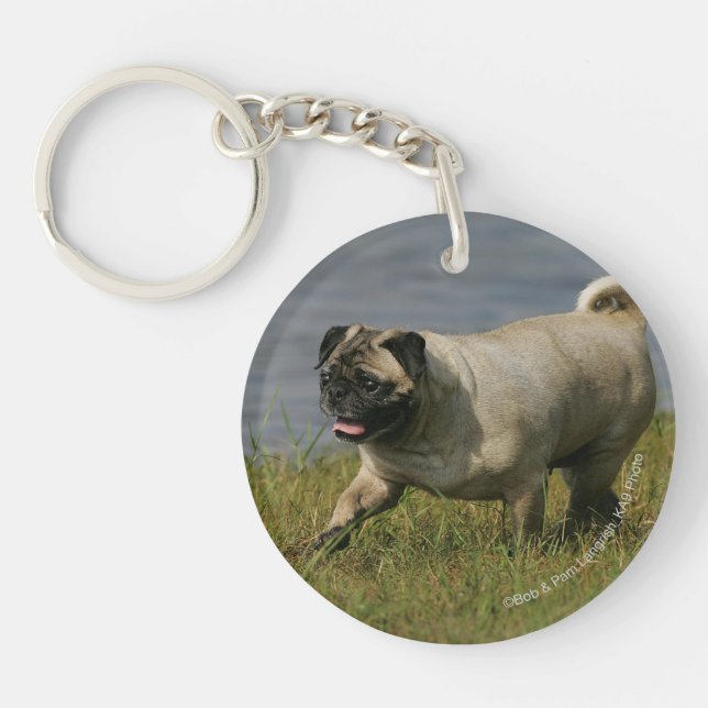 Pug Playing Near Water Key Ring (Front)