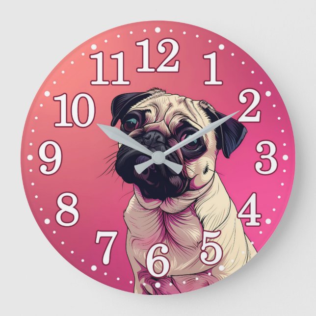 Pug Portrait Face Pink Ombre Large Clock (Front)