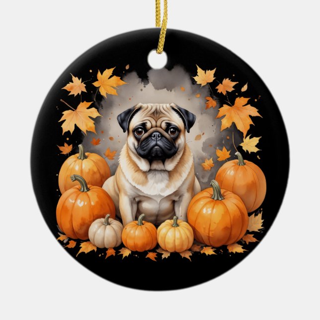 Pug Pumpkin Thanksgiving Fall Halloween Dog Lover Ceramic Tree Decoration (Front)