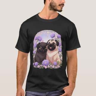 Pug puppies among peony flowers T-Shirt