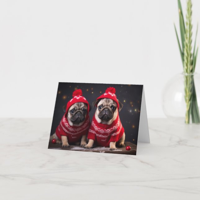 Pug Puppies Christmas Card (Front)
