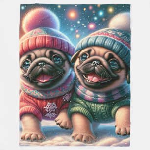 “Pug Puppies’ First Snowfall - Whimsical Winter" Fleece Blanket