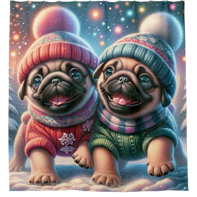 “Pug Puppies’ First Snowfall - Whimsical Winter" Shower Curtain (Front)