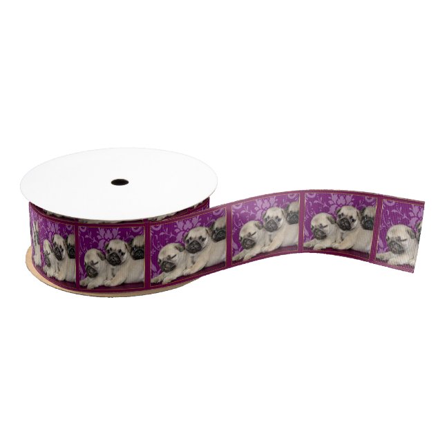 Pug puppies Fuscia 1.5" grosgrain ribbon (Spool)