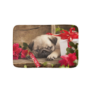 Pug Puppy and Gift  Box Bath Mat