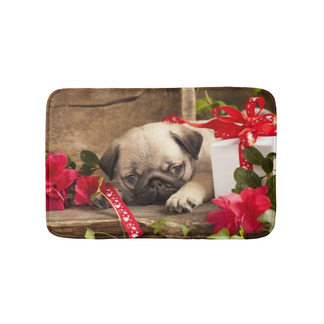 Pug Puppy and Gift  Box Bath Mat (Front)