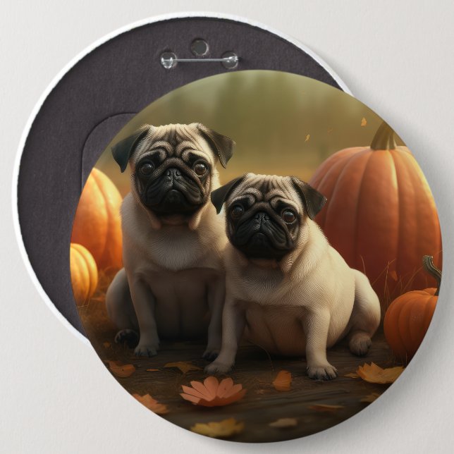 Pug Puppy Autumn Delight Pumpkin 6 Cm Round Badge (Front & Back)