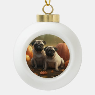 Pug Puppy Autumn Delight Pumpkin Ceramic Ball Christmas Ornament