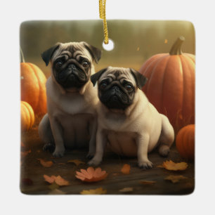 Pug Puppy Autumn Delight Pumpkin Ceramic Ornament
