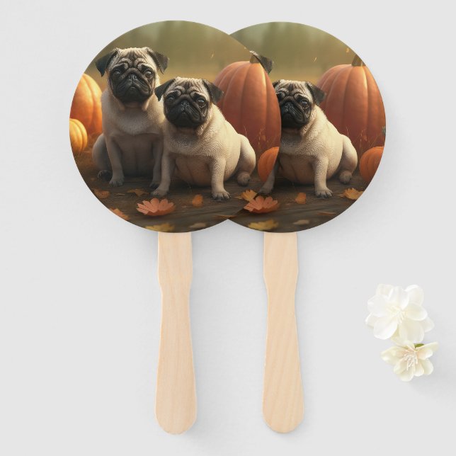 Pug Puppy Autumn Delight Pumpkin Hand Fan (Front and Back)