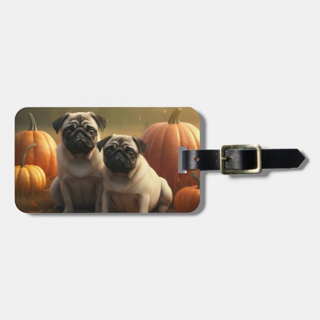 Pug Puppy Autumn Delight Pumpkin Luggage Tag (Front Horizontal)