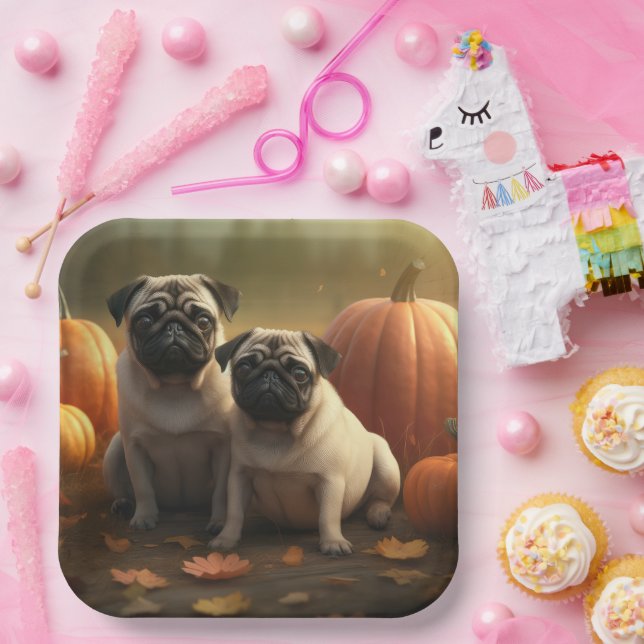 Pug Puppy Autumn Delight Pumpkin Paper Plate (Party)