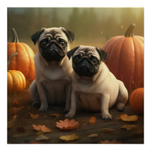 Pug Puppy Autumn Delight Pumpkin Poster
