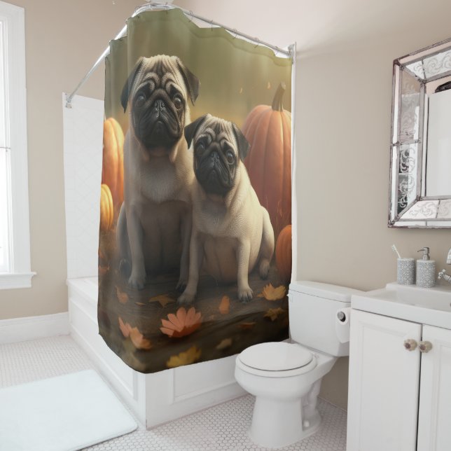 Pug Puppy Autumn Delight Pumpkin Shower Curtain (In Situ)