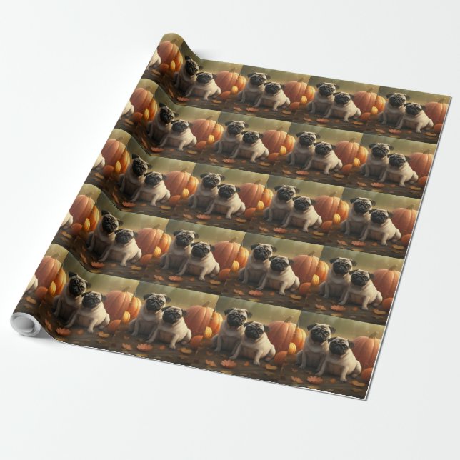 Pug Puppy Autumn Delight Pumpkin Wrapping Paper (Unrolled)