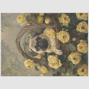 Pug Puppy Basket of Yellow Roses Decoupage Tissue Paper