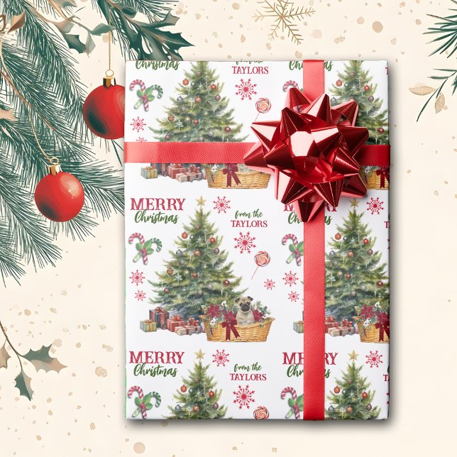 Pug Puppy Basket Under the Tree Wrapping Paper (Creator Uploaded)