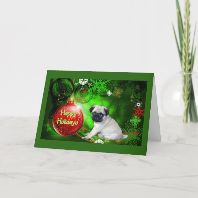 Pug Puppy Christmas Card Red Ball (Front)