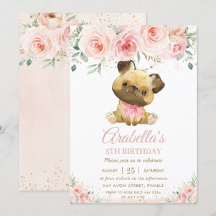 Pug Puppy Dog Blush Pink Floral Girl Birthday Invitation