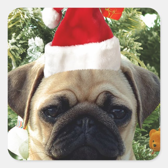 Pug Puppy Dog Christmas Tree Ornaments Snowman Square Sticker (Front)
