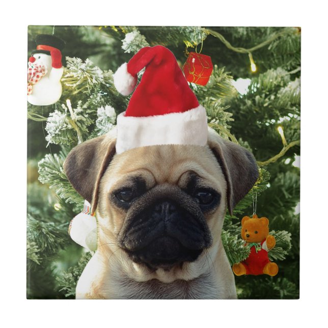 Pug Puppy Dog Christmas Tree Ornaments Snowman Tile (Front)
