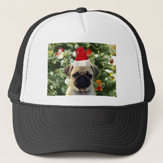 Pug Puppy Dog Christmas Tree Ornaments Snowman Trucker Hat (Front)