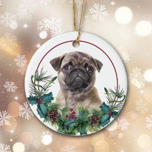 Pug Puppy Dog Evergreen Berry Wreath Ceramic Tree Decoration
