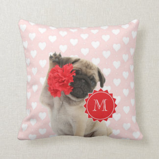Pug Puppy holding Red Carnation Monogram Cushion