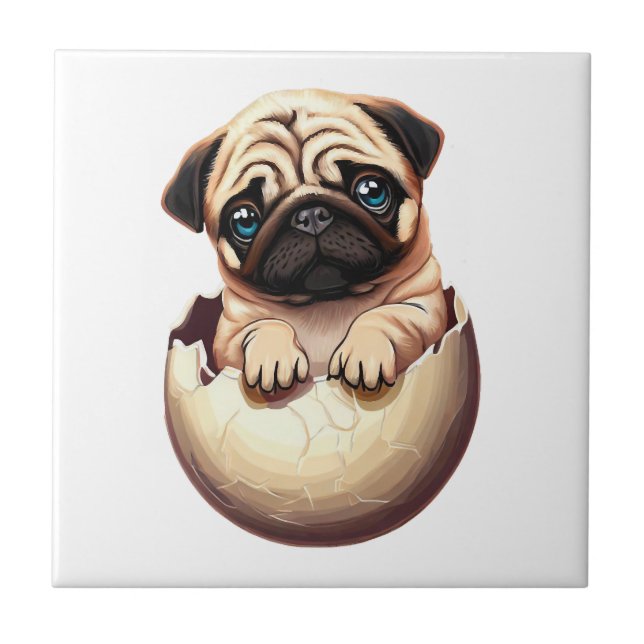 Pug Puppy in Egg - Cute Dog Design Tile (Front)