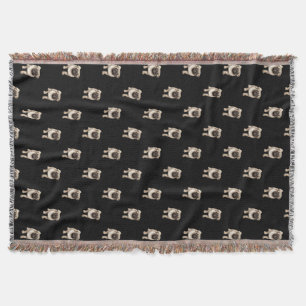Pug Puppy Pattern on Black Throw Blanket