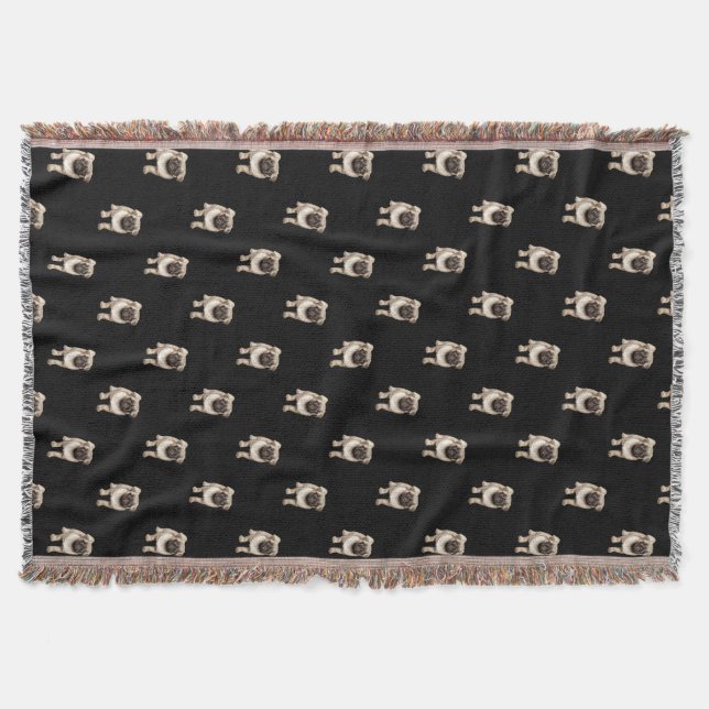 Pug Puppy Pattern on Black Throw Blanket (Front)