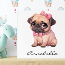 Pug Puppy With Pink Bow Illustration Custom Name
