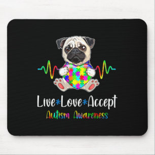 Pug Puzzle Piece Live Love Accept Autism Awareness Mouse Mat