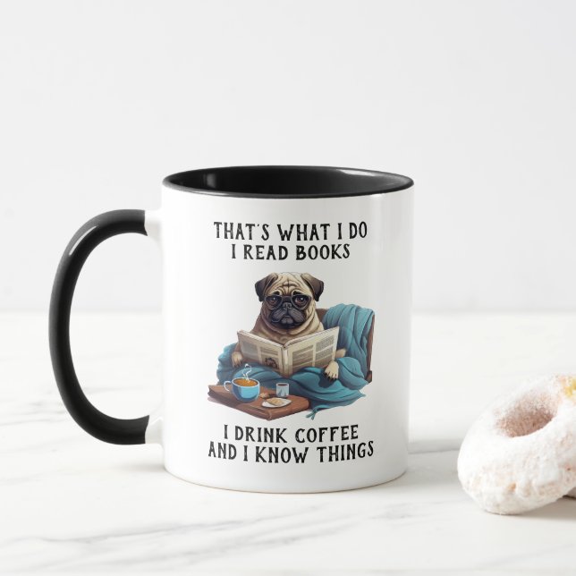 Pug Reading Books and Drinking Coffee Mug (With Donut)