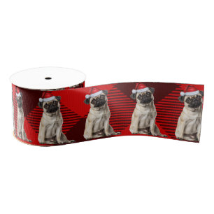 Pug Red Buffalo Holiday Plaid Funny Dog Christmas Grosgrain Ribbon