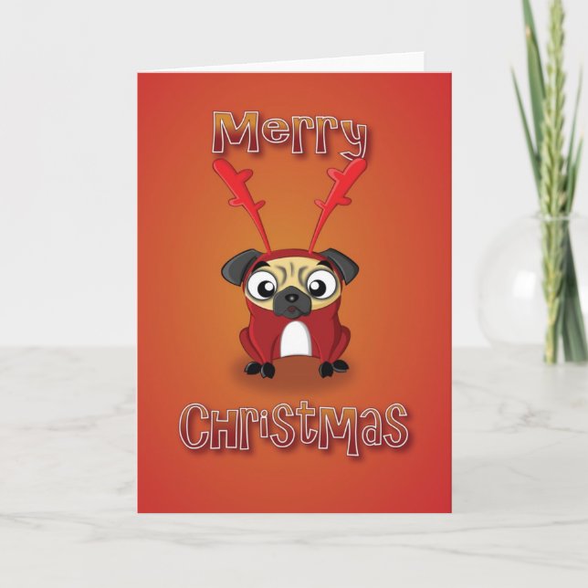 pug - reindeer costume - merry christmas holiday card (Front)