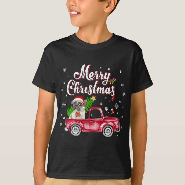 Pug Retriever Rides Red Truck Christmas Pajama T-Shirt (Front)