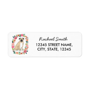 Pug return address label, cute girly flowers