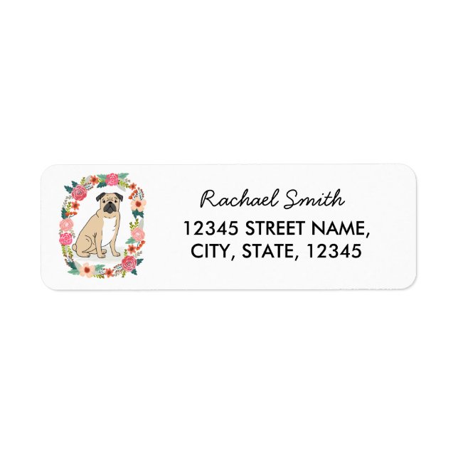 Pug return address label, cute girly flowers (Front)