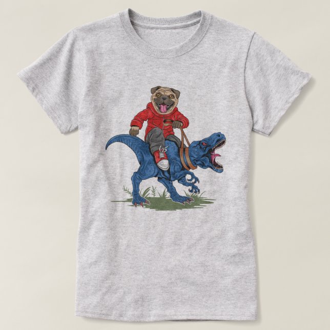 Pug Riding A Dinosaur T-Shirt (Design Front)