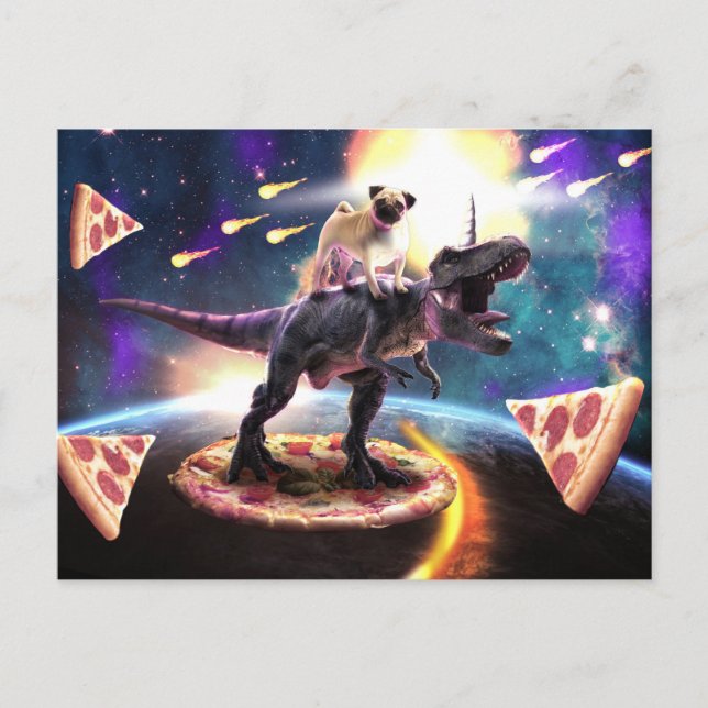 Pug riding dinosaur unicorn in space               postcard (Front)