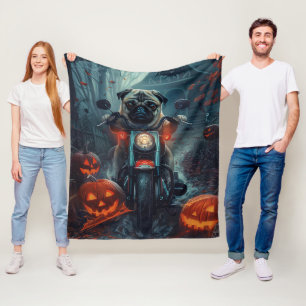 Pug Riding Motorcycle Halloween Scary Fleece Blanket