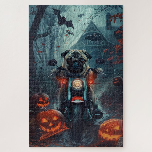 Pug Riding Motorcycle Halloween Scary Jigsaw Puzzle (Vertical)
