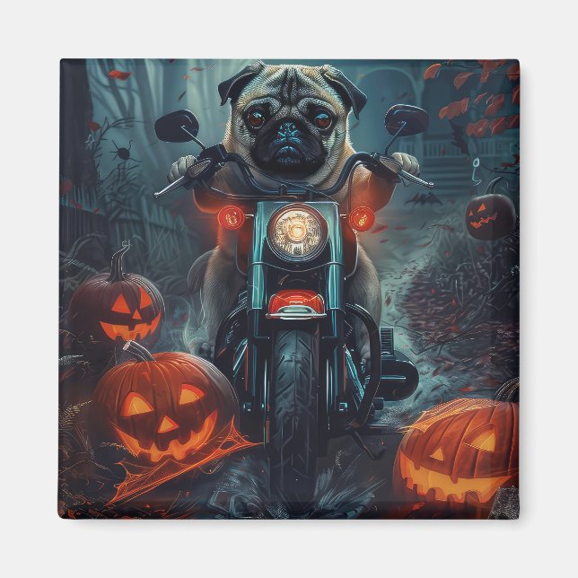 Pug Riding Motorcycle Halloween Scary Magnet (Front)