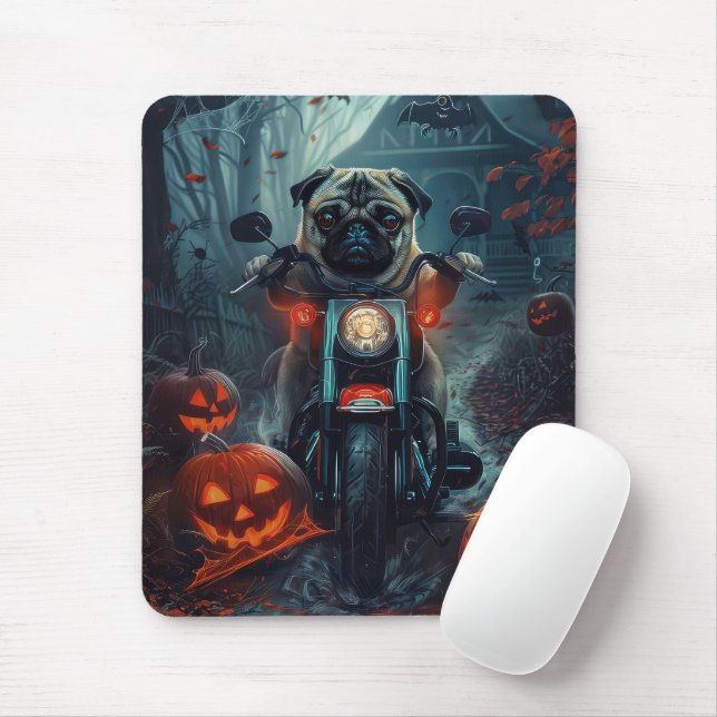 Pug Riding Motorcycle Halloween Scary Mouse Mat (With Mouse)
