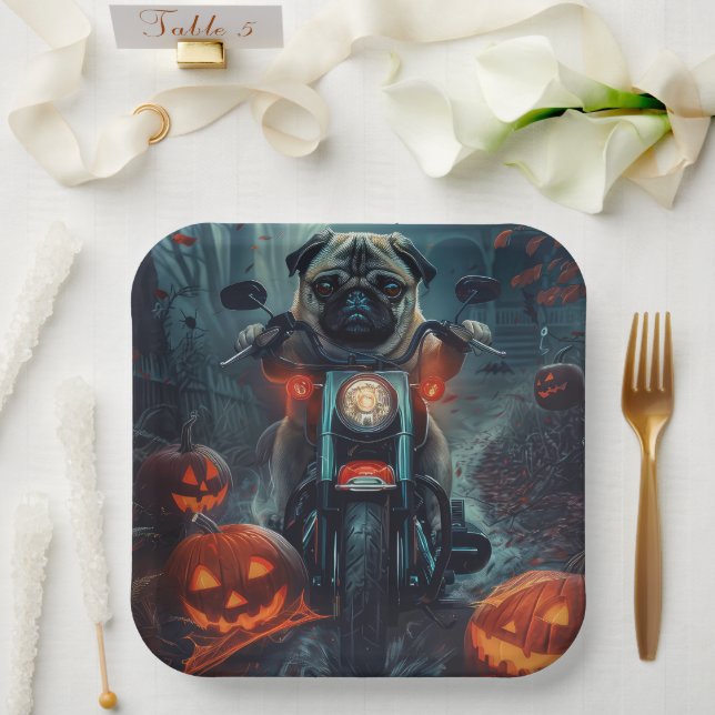 Pug Riding Motorcycle Halloween Scary Paper Plate (Wedding)