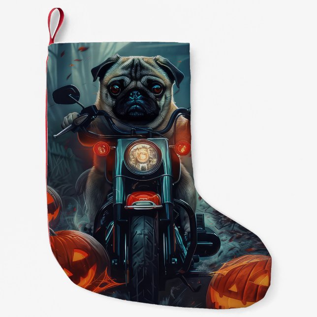 Pug Riding Motorcycle Halloween Scary Small Christmas Stocking (Front)