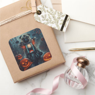 Pug Riding Motorcycle Halloween Scary Square Sticker